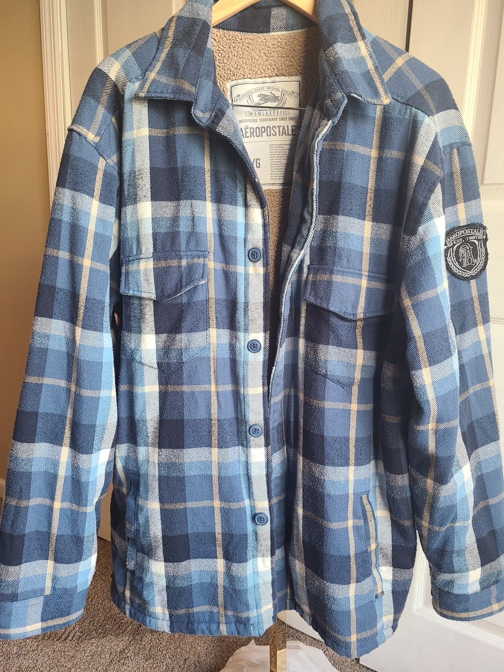 Aeropostale Blue Plaid Sherpa-Lined Jacket L Y2K